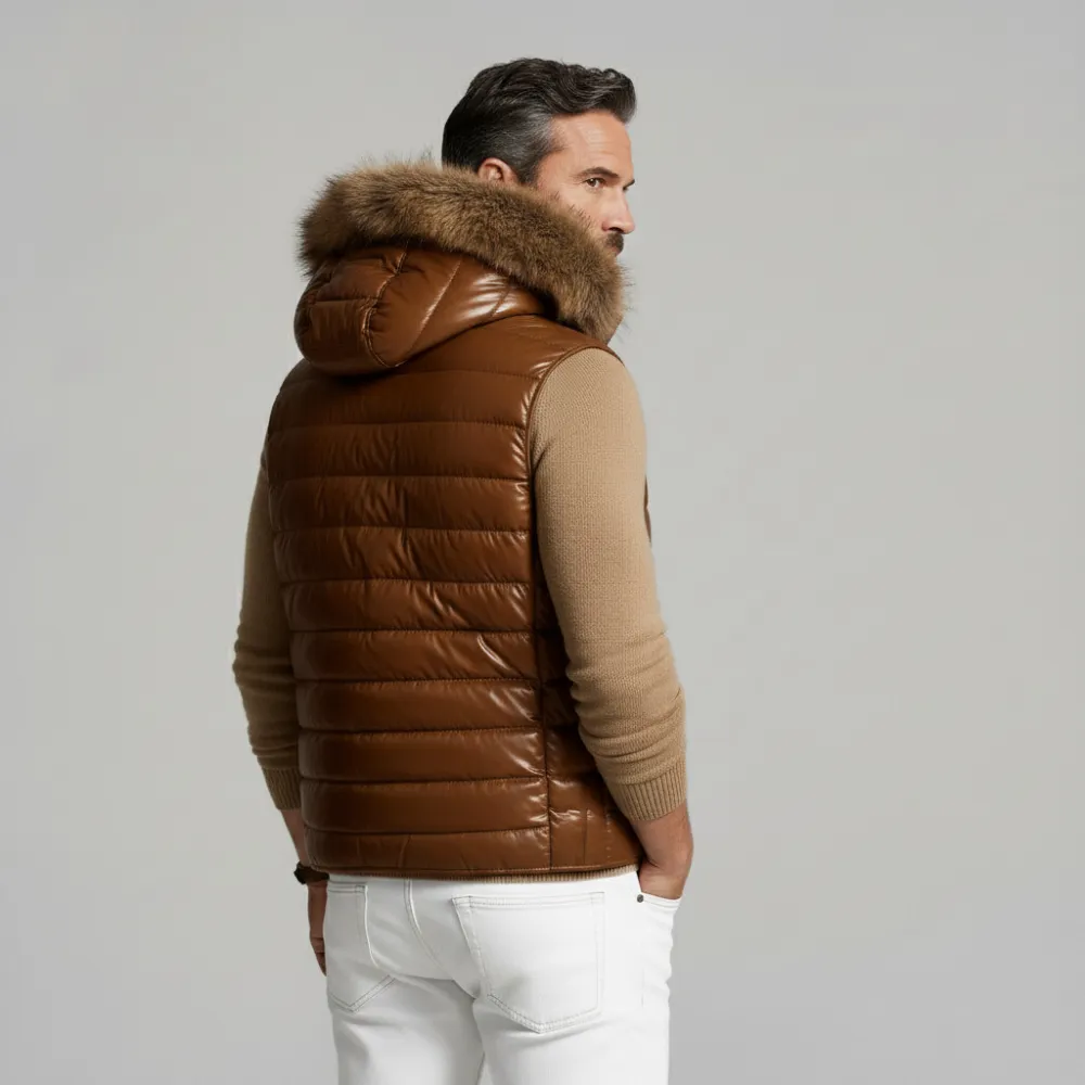 Men's Brown Zipper Pockets Sleeveless Furry Trim Hooded Quilted PU Leather Vest