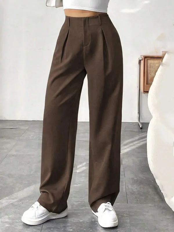 Women's Solid Wide Leg Pants: Pleated Pocket, Zipper Fly (Work/Office, Spring/Fall)