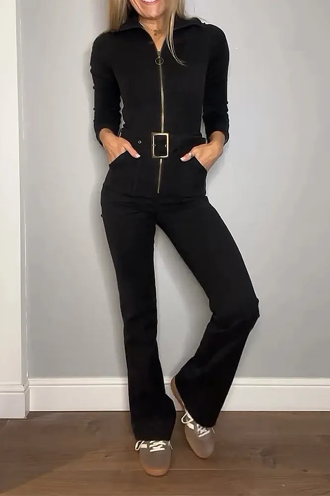 Women's solid color slim fit zipper jumpsuit
