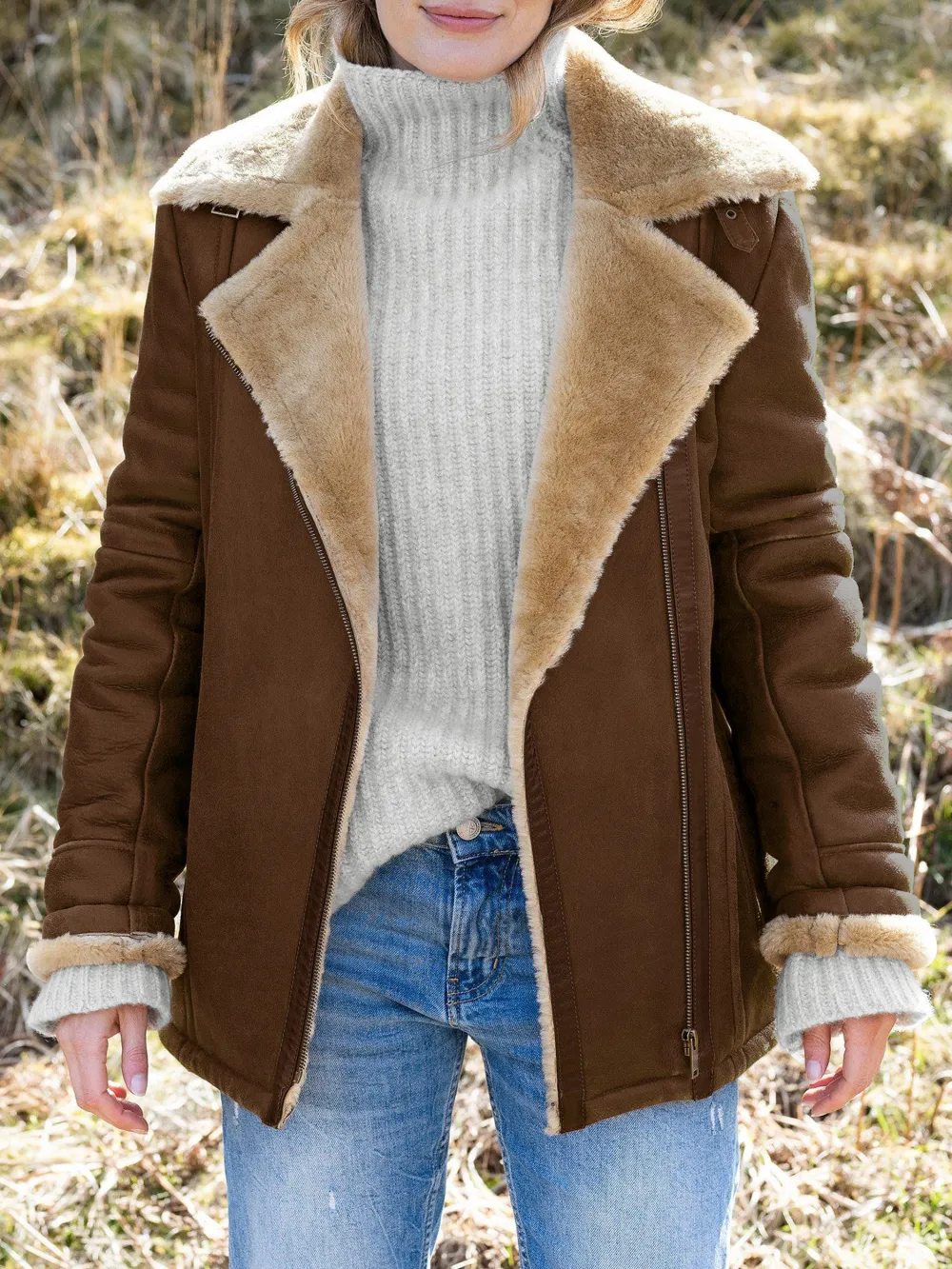 Boyfriend Aviator Sheepskin Jacket, Antique/Camel