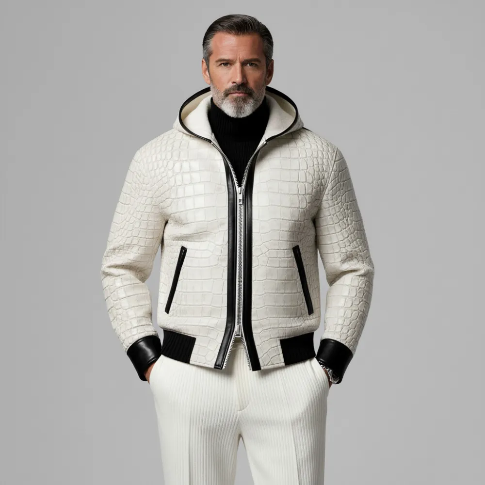 Men's White PU Leather Crocodile Pattern Contrast Binding Two-Way Zipper Hooded Jacket