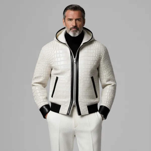 Men's White PU Leather Crocodile Pattern Contrast Binding Two-Way Zipper Hooded Jacket