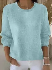 Women's Sweater Fashion Streetwear Casual Pure Color Ribbed Crew Neck Knitted Long Sleeve Regular Tops Knit Outdoor Daily Weekend Yellow Pink Fall Winter