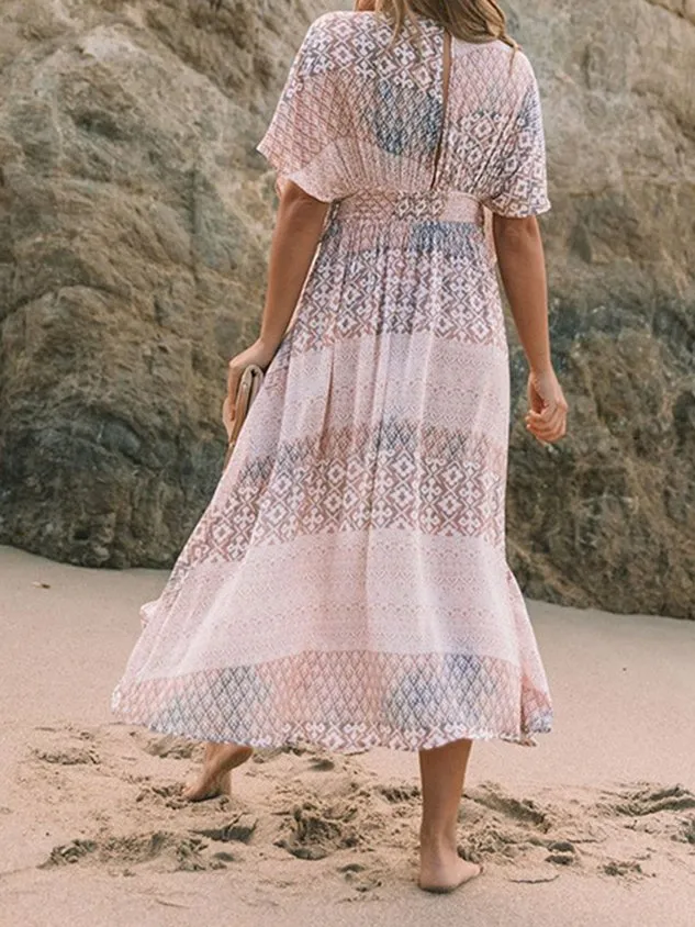 Ethnic Printing Vacation V Neck Coverup