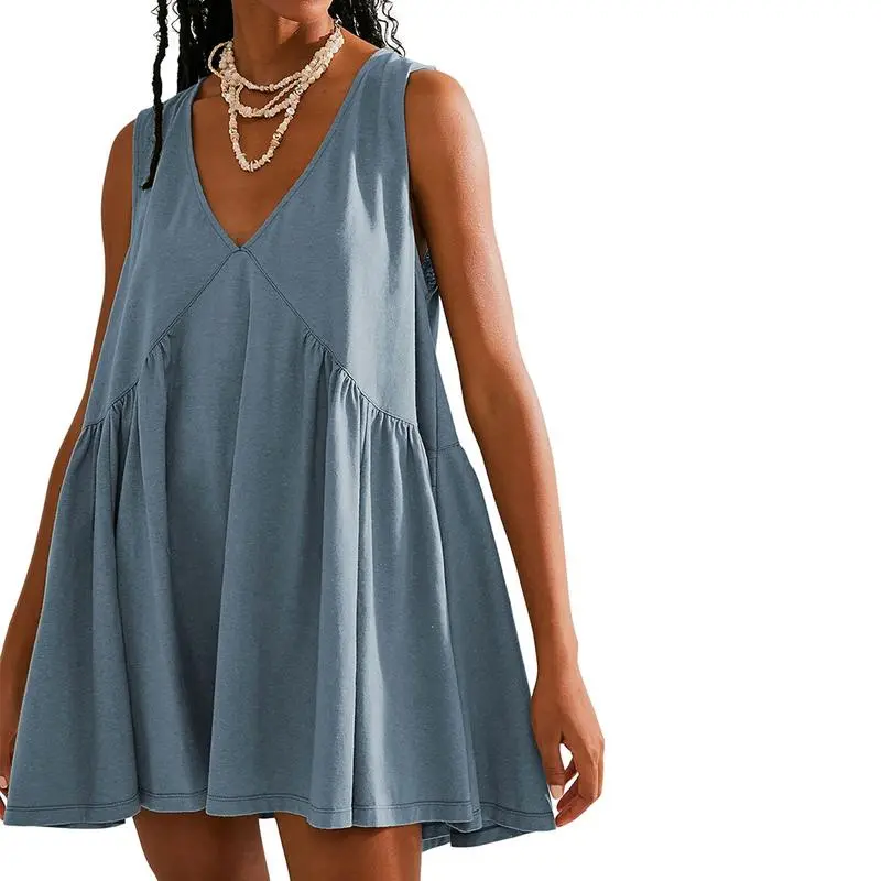 Womens Summer Sleeveless Mini Dress Casual Loose V Neck Sundress with Pockets