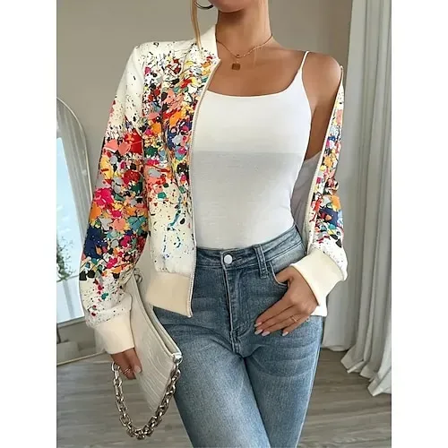 Women's Casual Jacket Comfortable Zipper Fashion Daily Modern Floral School Outdoor Vacation Home Regular Baseball Collar Regular Fit Long Sleeve Outerwear White Spring Fall