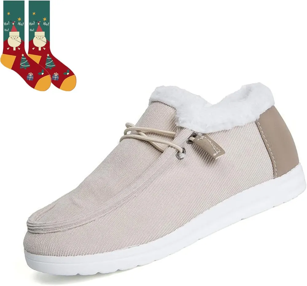Women's Winter Warm Wendy Shoes Fleece Lined Boat Shoe Slip On Comfort Shoes,Womens Lace Up Loafers Flats Shoes (Come With Christmas socks) (Color : E, Size : EU/CN 42)