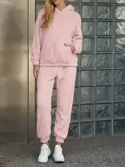 Cozy Solid Teddy Two-Piece Set - Long Sleeve Kangaroo Pocket Hooded Tops, Warm & Comfortable Long Length Pants Outfits for Women