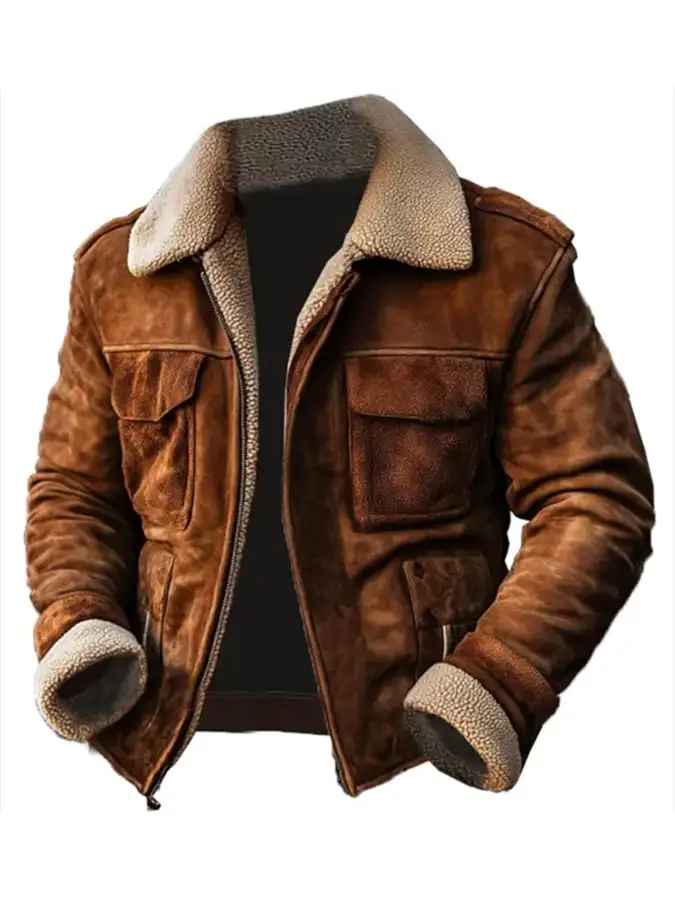 Men's Vintage Suede Patchwork Lamb Fleece Multi-Pocket Reverse Collar Outdoor Jacket