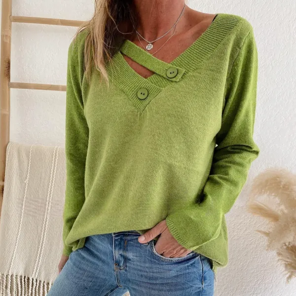 Vintage V-Neck Diagonal Button Long Sleeve Sweater