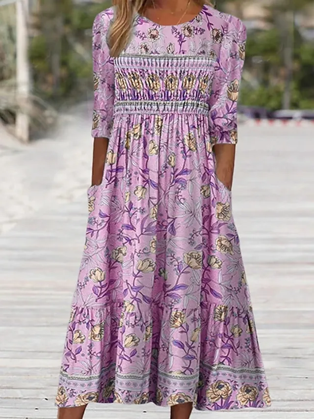 Women's Casual Dress A Line Dress Floral Dress Floral Pocket Print Crew Neck Midi Dress Fashion Streetwear Outdoor Daily 3/4 Length Sleeve Regular Fit Yellow Pink Blue Summer Spring S M L XL XXL