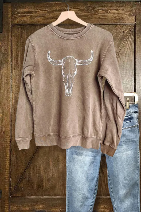 Vintage Cow Skull Print Sweatshirt