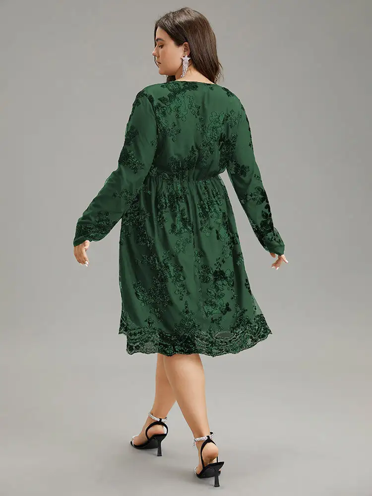 Floral Sequin Elastic Waist Mesh Wrap Dress