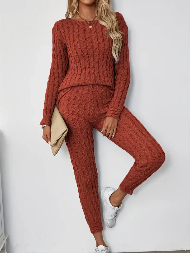 Solid Knitted Matching Two-piece Set, Casual Long Sleeve Sweater & Pants Outfits, Women's Clothing