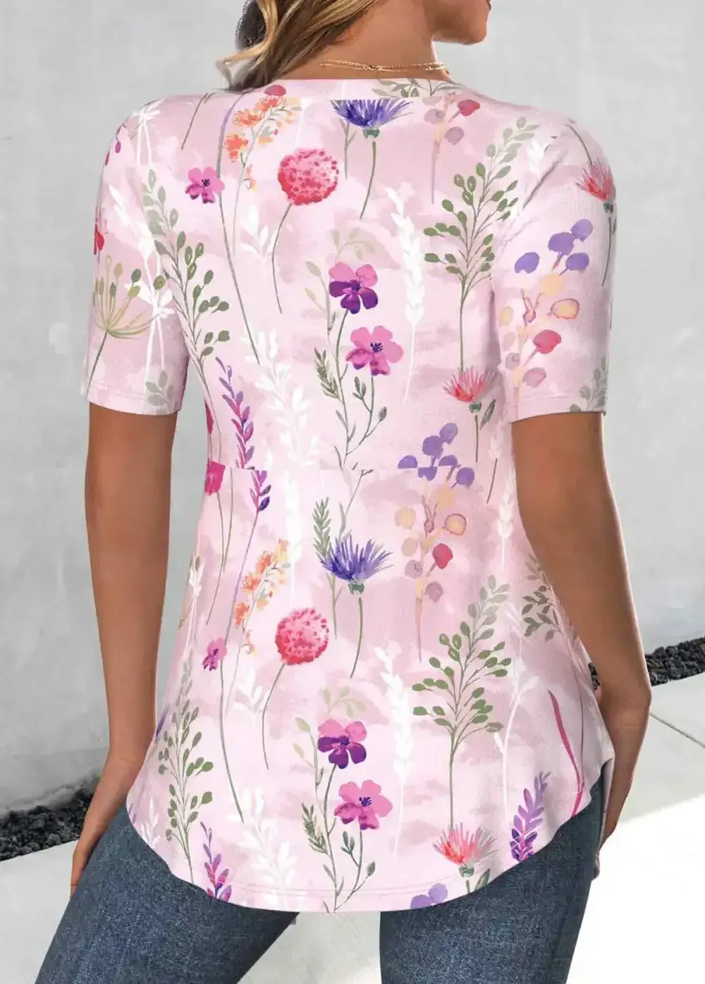 Pink Floral Print Short Sleeve Fake Two Piece Twinset