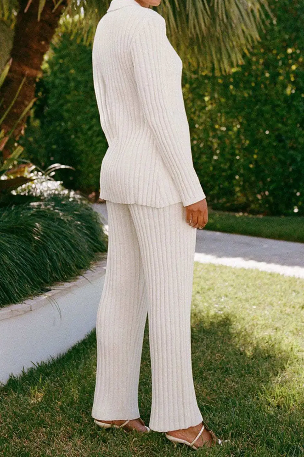 Lapel Ribbed Knit Cardigan Long Pants Suits