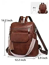 Women's Vintage Faux Leather Backpack with Tassel and Adjustable Geometric Strap – Casual Multi-pocket Travel Bag