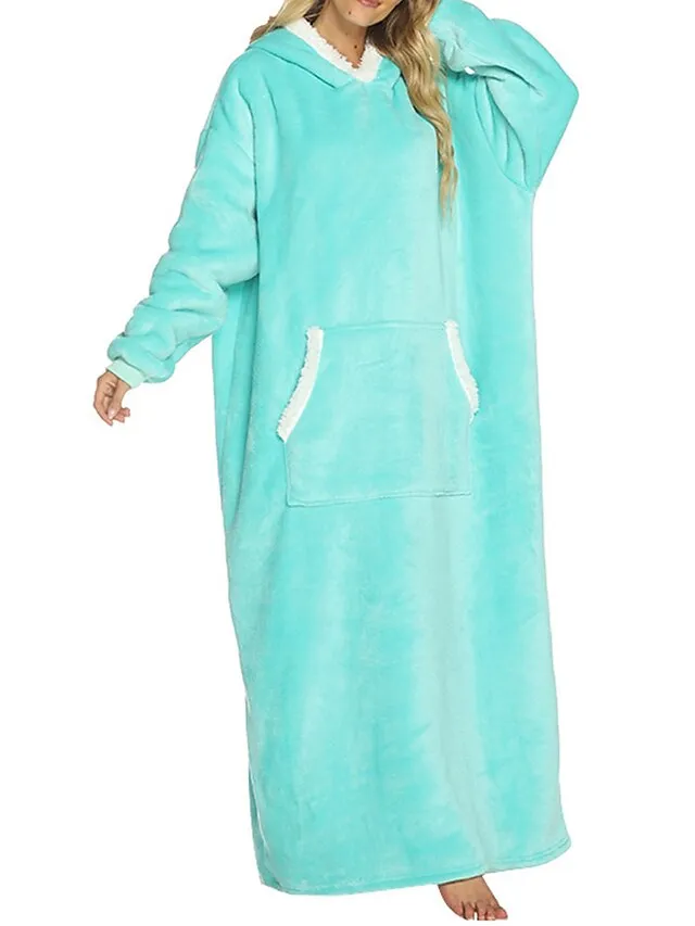 Women's Wearable Blanket Hoodie Blanket Pajama Loungewear Pure Color Warm Plush Casual Home Daily Bed Flannel Warm Breathable Hoodie Long Sleeve Pocket Fall Winter Lake blue Black