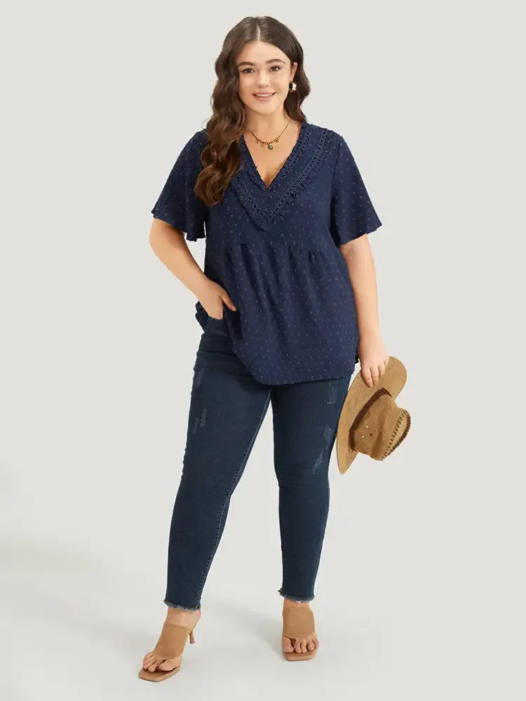 Polka Dot Frill Trim V Neck Flutter Blouse