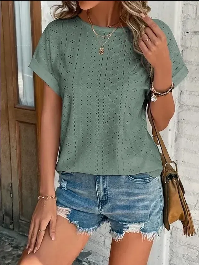 Women's T shirt Tee White Eyelet Tops Light Blue Black White Plain Cut Out Short Sleeve Daily Weekend Basic Round Neck Regular Cotton S
