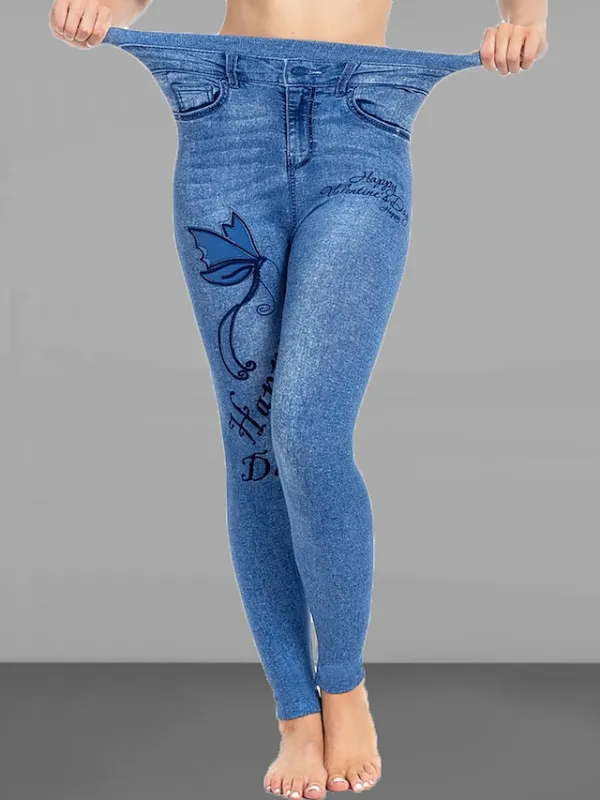 Women's Slim Pants Trousers Leggings Faux Denim Butterfly Pocket Print Full Length High Elasticity High Waist Fashion Streetwear Street Causal Lake Blue Royal Blue S M Summer Fall