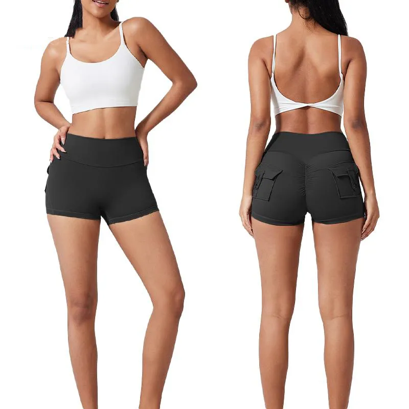 Women's All-Season High Waist Ruched Skinny Sports Shorts , Cool Breathable Solid Button Pocket , Yoga Gym Daily Errands Summer-Ready
