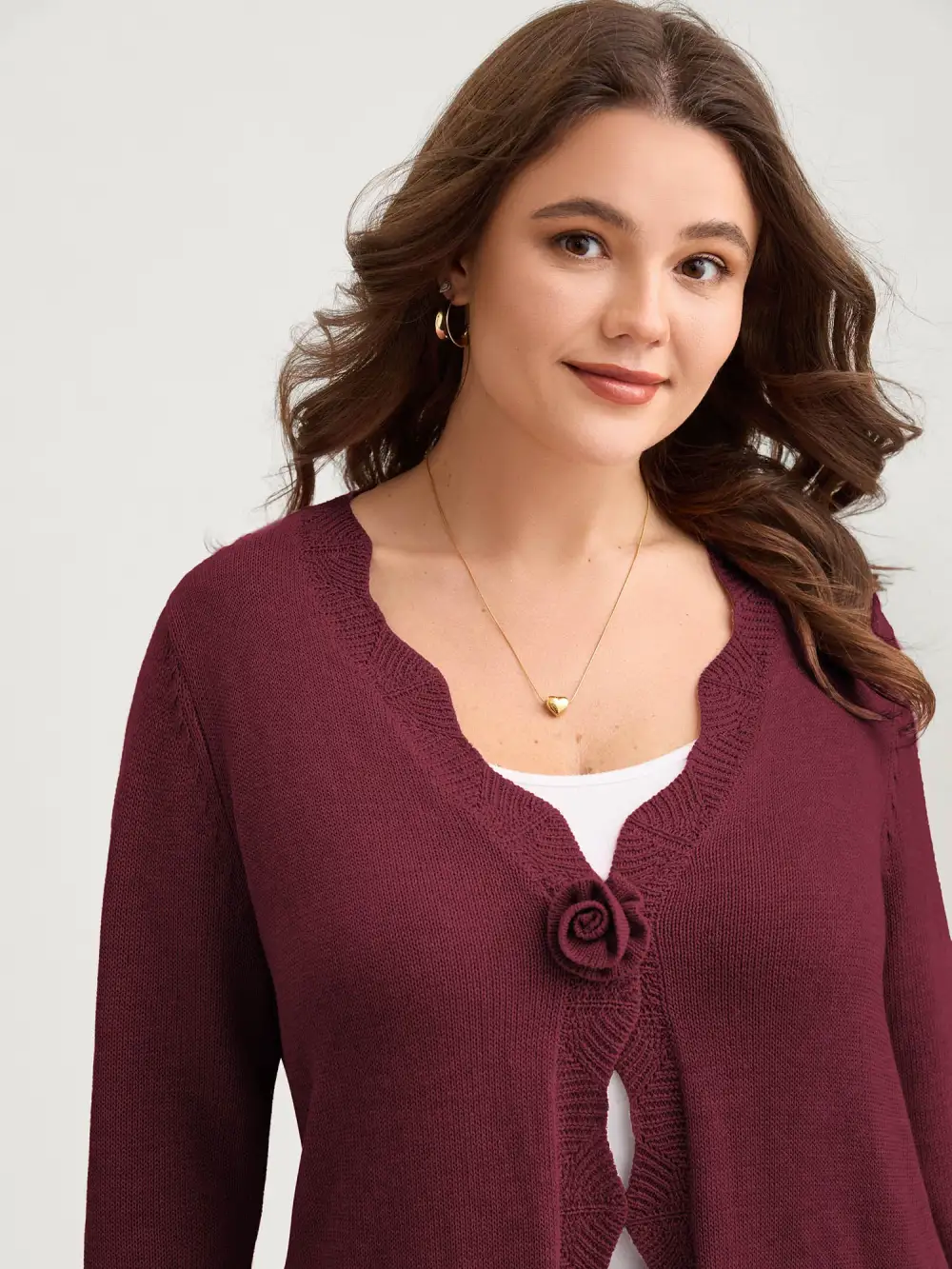 Supersoft Textured Floral Button Ruffled Hem Knit Cardigan