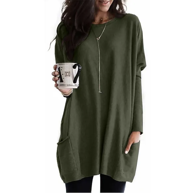 T shirt Tee Women's Wine Red Darkblue Black Solid / Plain Color Patchwork Pocket Street Daily Daily Classic Round Neck Regular Fit S