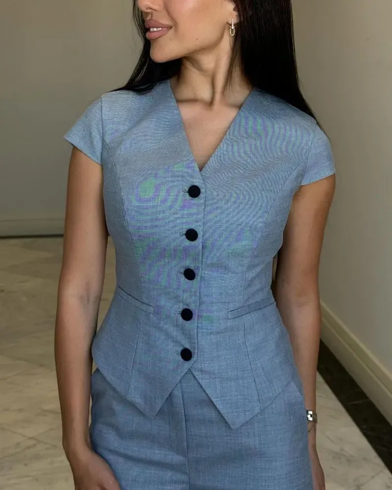 Fashion Commuter V-Neck Top & Pants Two-Piece Set