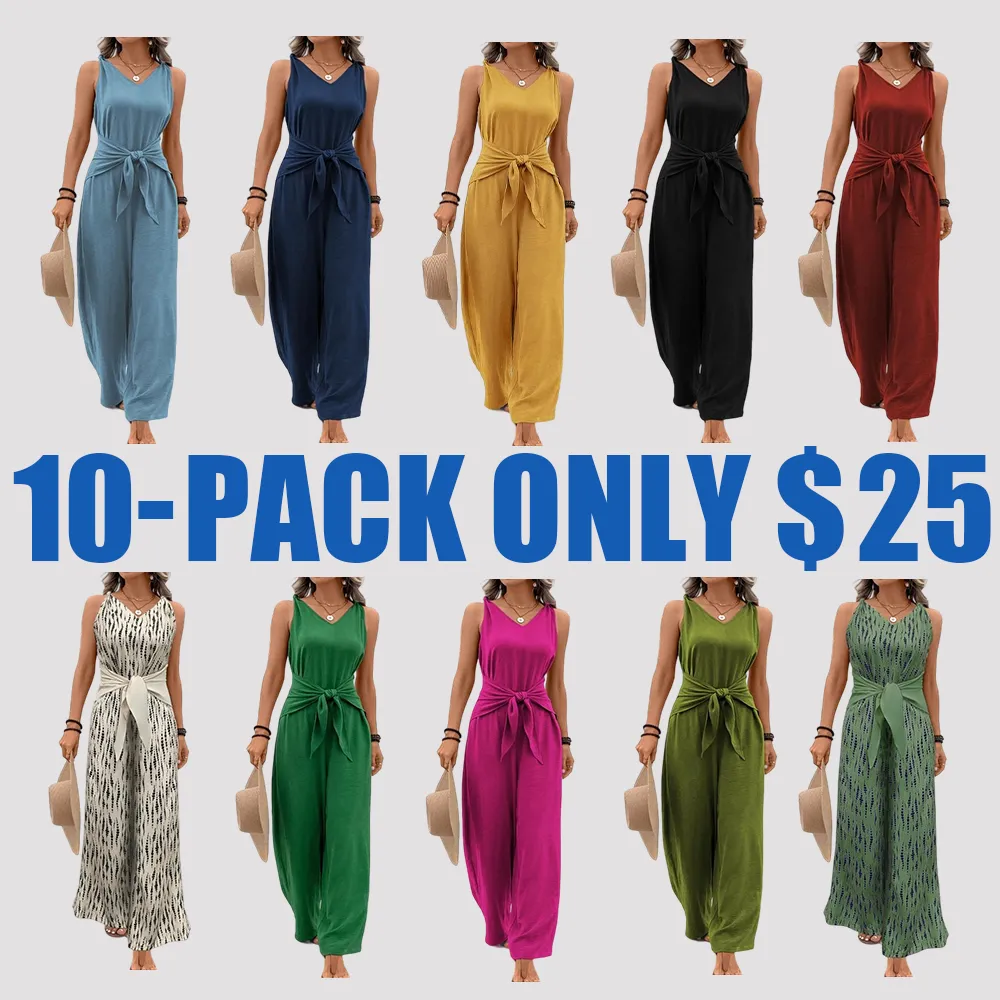 Women's Tie Shoulder V-Neck Jumpsuit – Sleeveless Casual Summer Romper, Solid Color One-Piece Outfit