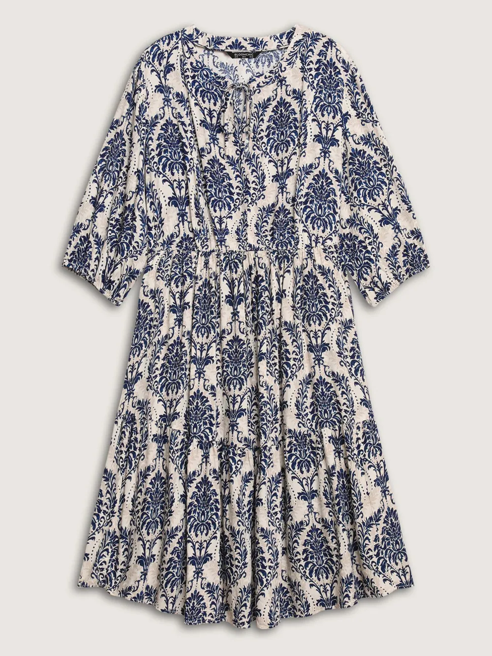 Damask Print Tie Knot Puff Sleeve Dress