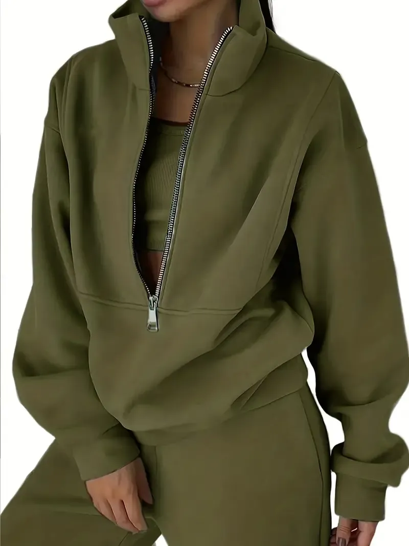 Two-Piece Solid Color Casual Outfit - High Neck Zip Front Long Sleeve Sweatshirt & Elastic Waist Pants