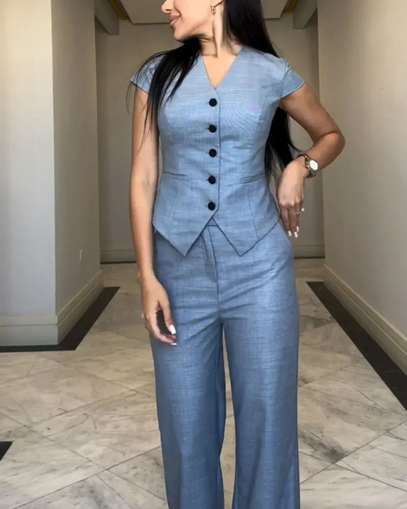 Fashion Commuter V-Neck Top & Pants Two-Piece Set