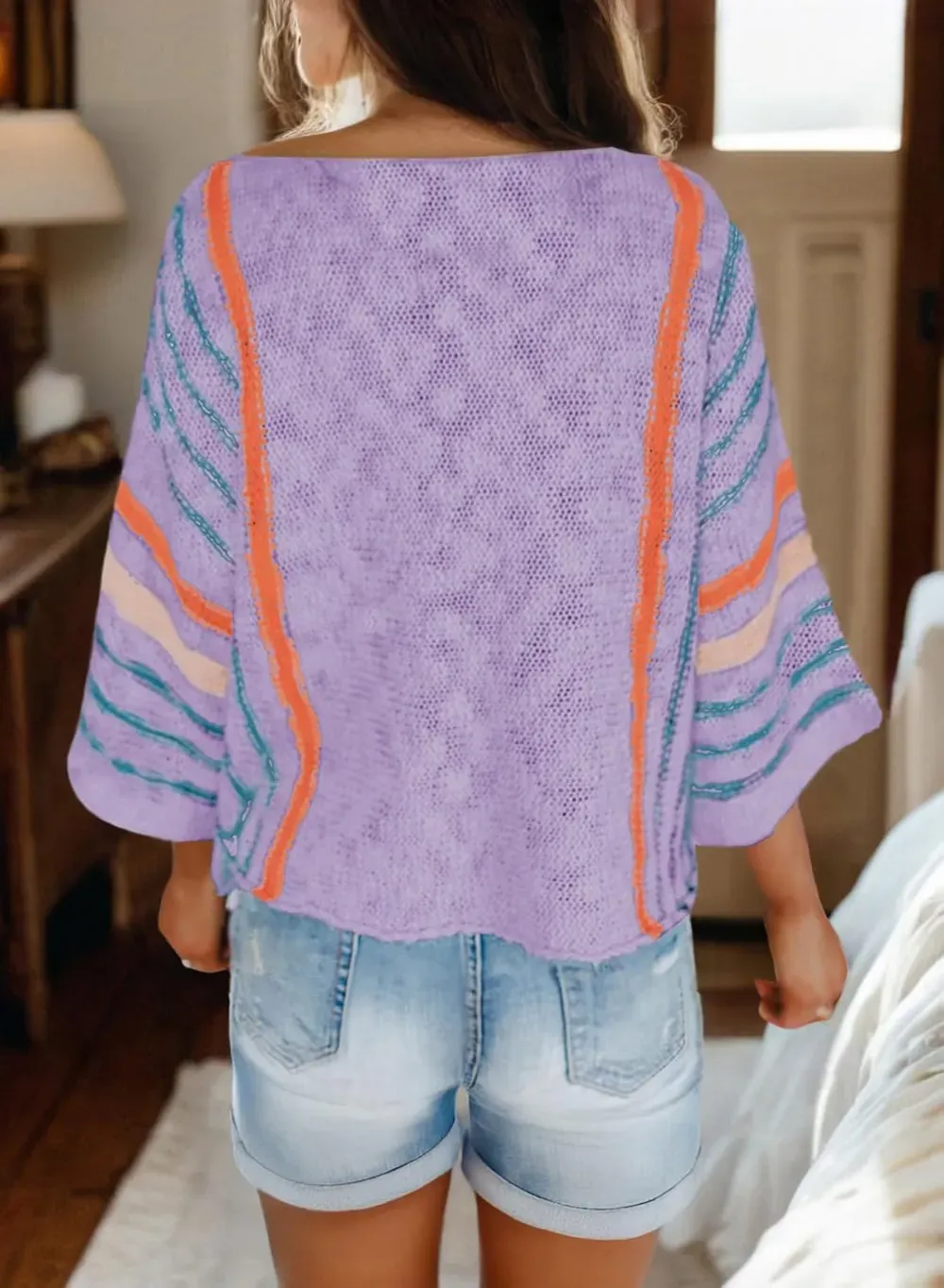 ✨Hot Sale-Women's Casual Color Block Striped Cable Knit Boho Sweater