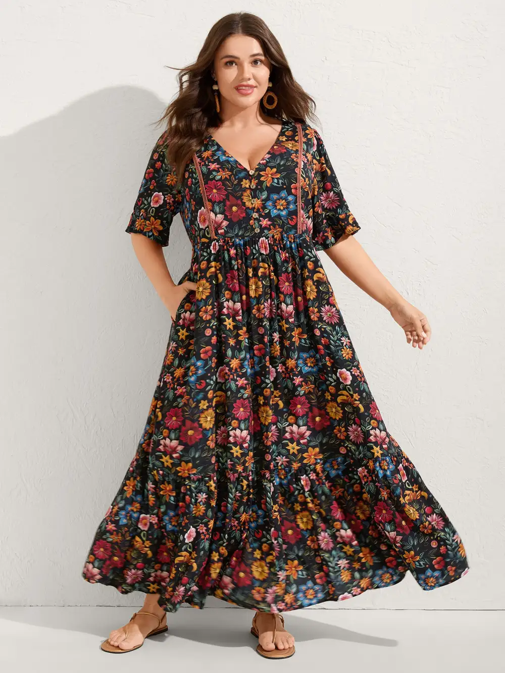 Rayon Floral Lace Trim Button Maxi Dress