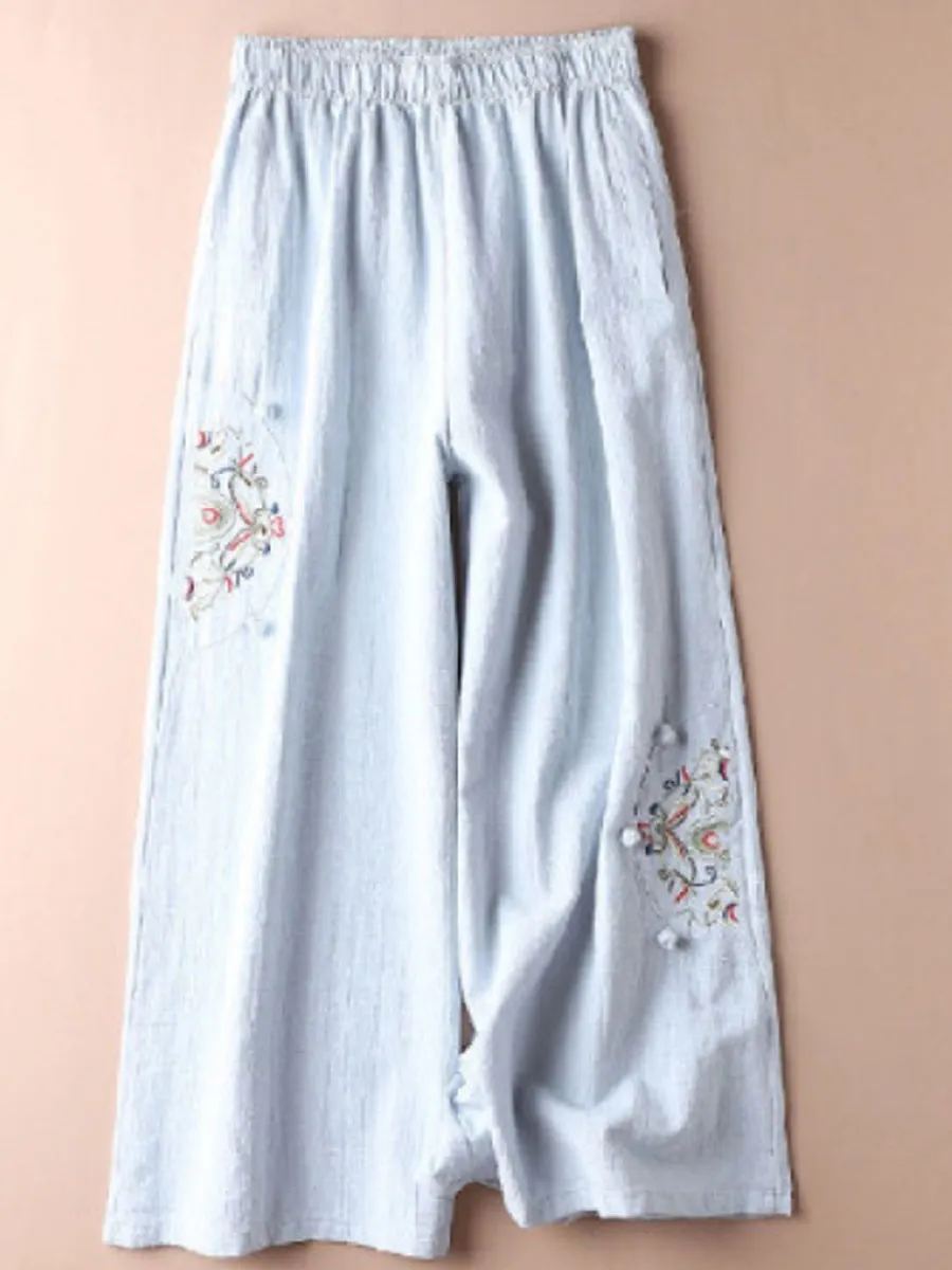 Casual Loose Embroidered Elastic Waist Pants
