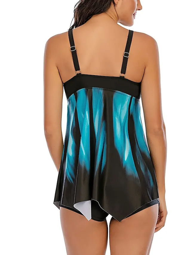 Women's Swimwear Tankini Swim Dress 2 Piece Plus Size Swimsuit 2 Piece Modest Swimwear Open Back Stripe Printing Stripes / Ripples Blue Purple Camisole V Wire Bathing Suits New Vacation Fashion