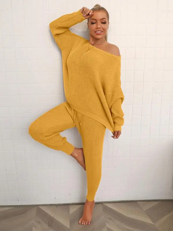 Women's Drop Shoulder Sweater & Drawstring Pants Two-Piece Set – Casual Fall Outfit