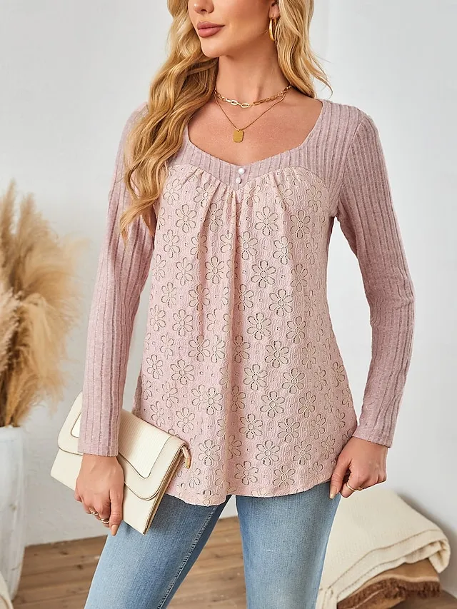 Women's Blouse Textured Ribbed Solid Color Eyelet Daily Elegant Stylish Puff Sleeve Long Sleeve