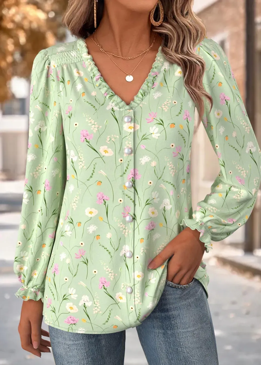 Light Green Tummy Coverage Ditsy Floral Print Blouse