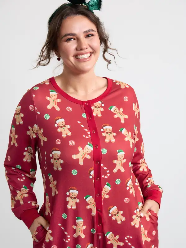 Gingerbread Print Button Placket Jumpsuit
