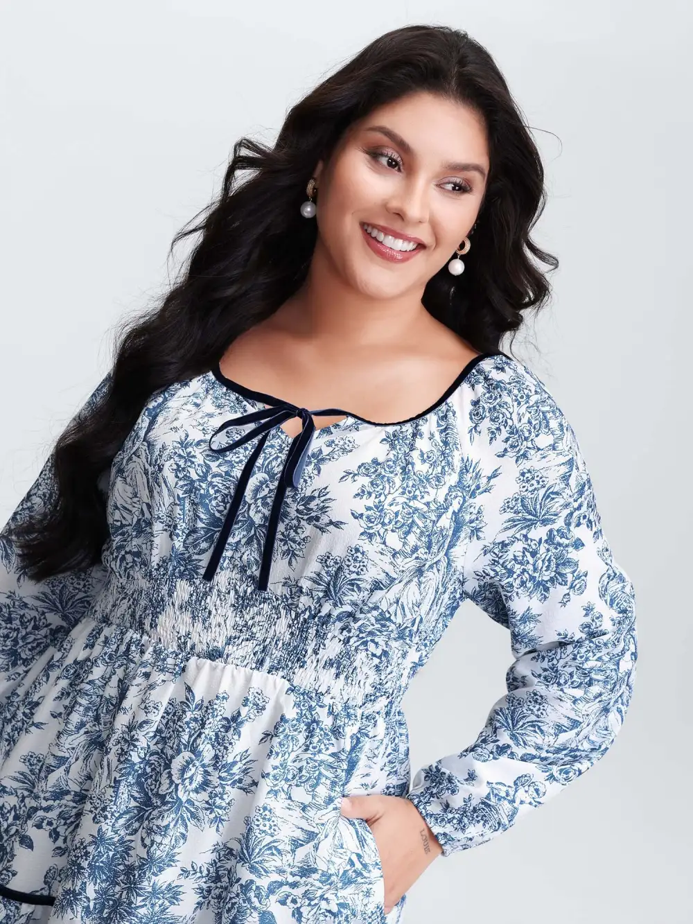 Toile de Jouy Neck-Tie Midi Dress