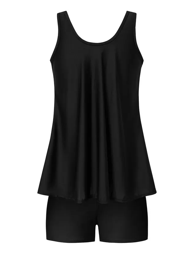 Casual Plain Gathered Scoop Neck Tankinis Two-Piece Set