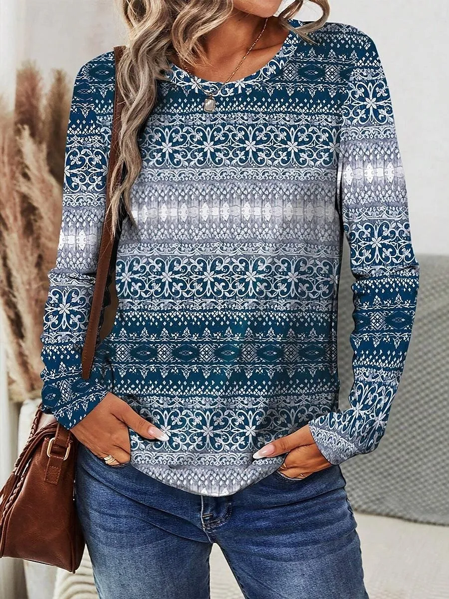 Women's T shirt Long Sleeve Crew Neck Long Sleeve Tunic Graphic Geometric Stylish Casual Trendy Regular Tops Daily Weekend Print Pink Blue Fall Prefall