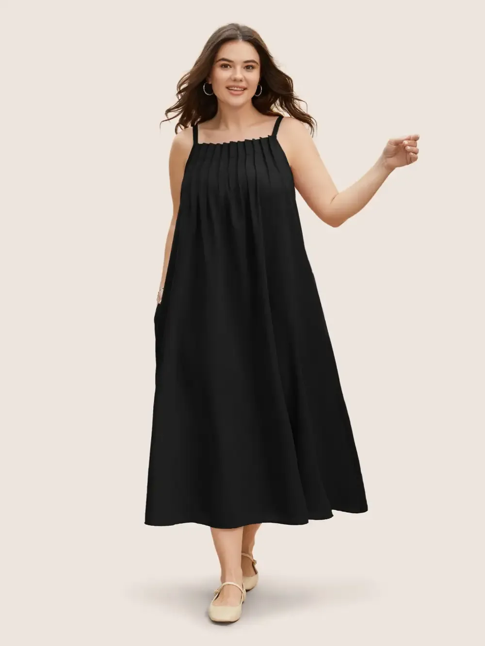 Cotton Plain Pleated Loose Fit Cami Dress