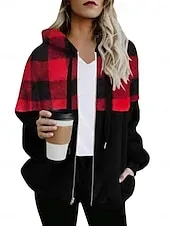 Women's Winter Coat Winter Jacket Teddy Coat Hoodie Jacket Outdoor Street Daily Fall Winter Regular Coat Regular Fit Warm Breathable Comtemporary Stylish Jacket Long Sleeve Stripes and Plaid with