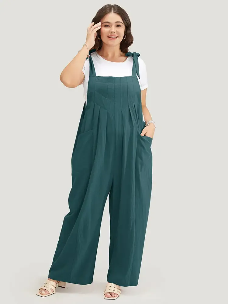Solid Pleated Detail Pocket Knotted Shoulder Overall Jumpsuit