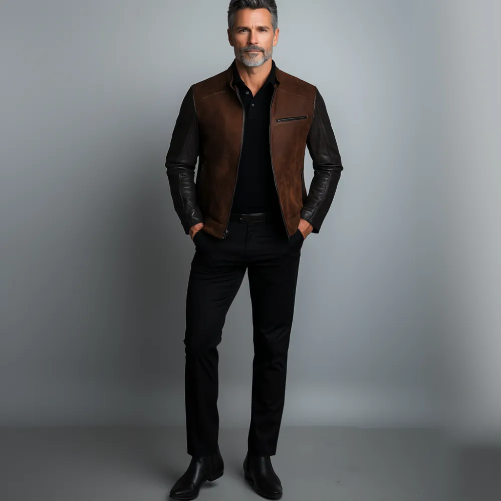 Men's Suede Patchwork PU Leather Stand Collar Zipper Jacket