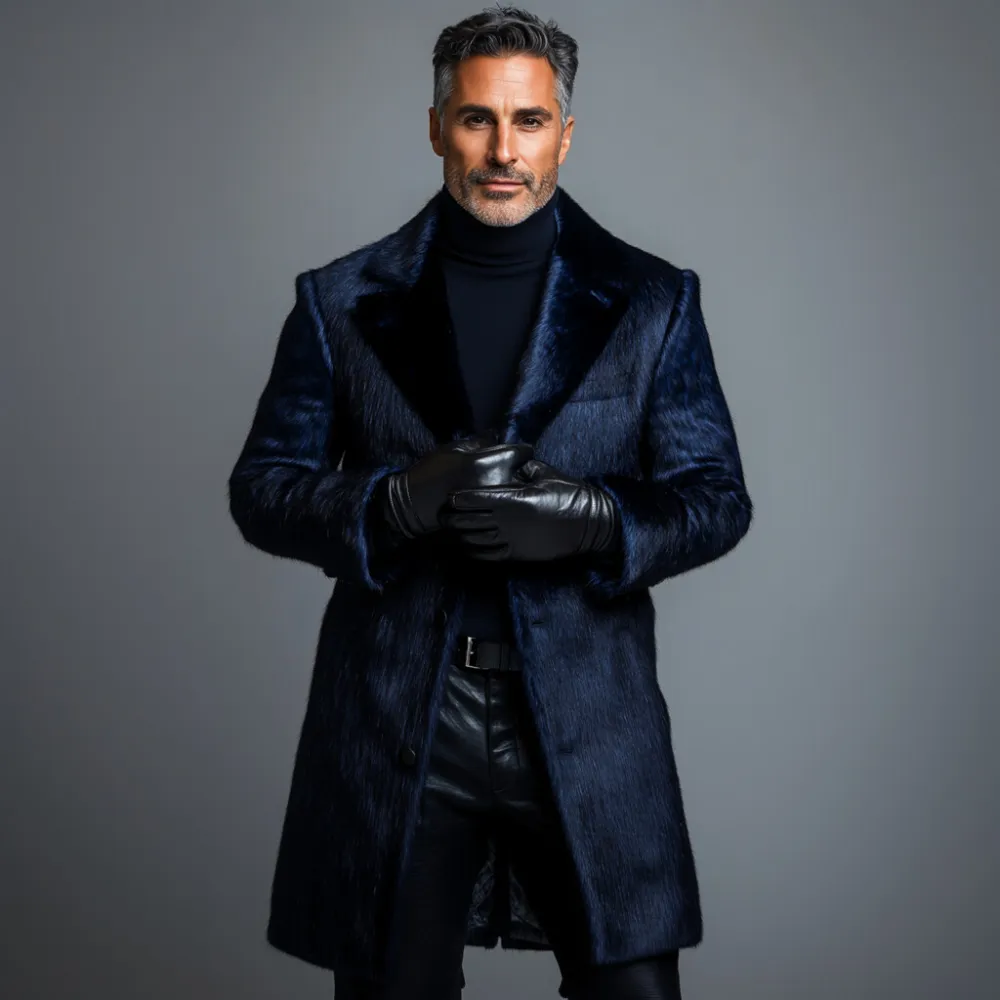 Men's Retro Plush Solid Notched Lapel Button Overcoat