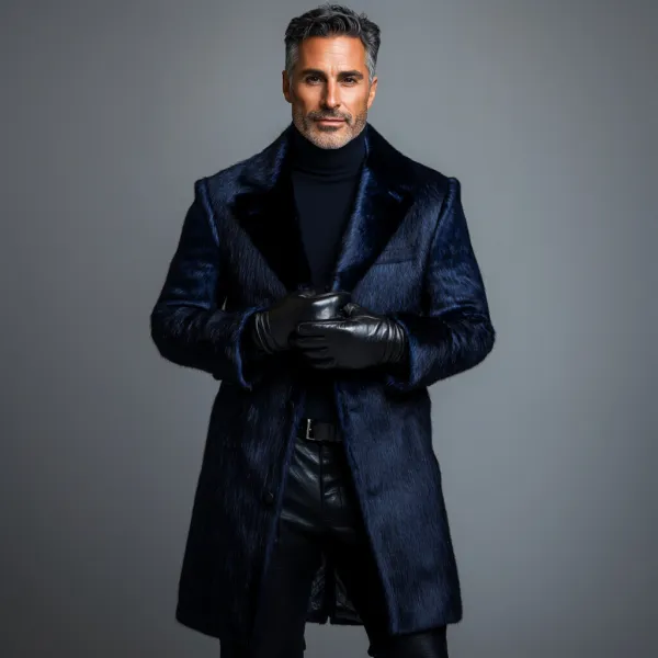 Men's Retro Plush Solid Notched Lapel Button Overcoat